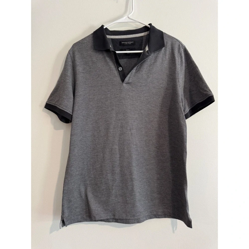 Banana Republic Luxury Touch Polo Mens Medium Grey Herringbone Slim Fit‎